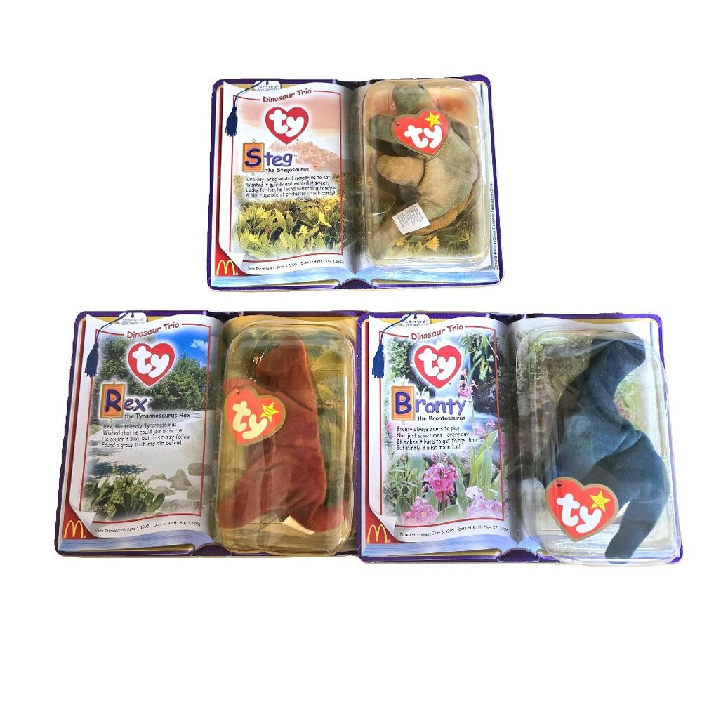 McDonald's Ty Dinosaur Trio Teenie Beanie Babies ~ Rex Steg Bronty ~ New in Box